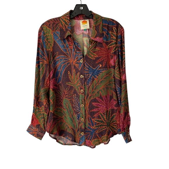 Farm Rio Rainforest Lenzing Viscose Brown Button Down Shirt Blouse size XS - Picture 2 of 9